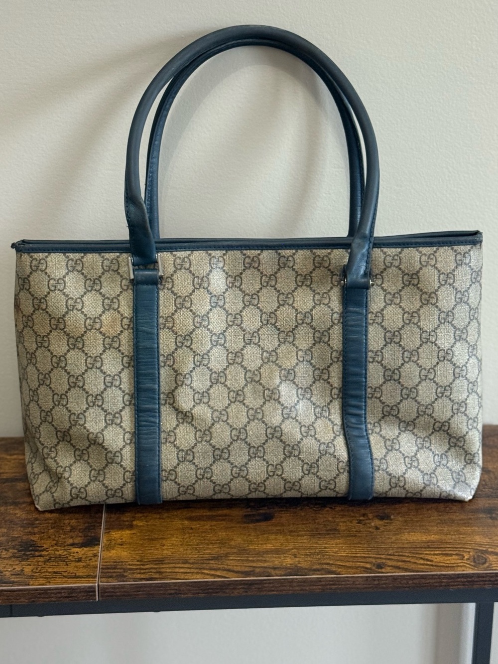 Vintage Gucci GG Canvas Tote Bag Navy Leather Trim Style 114595 234990 - Picture 2 of 16